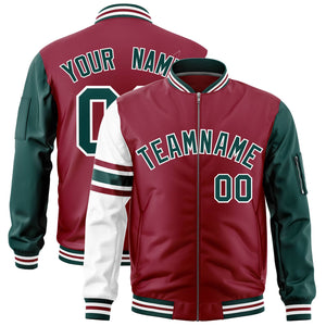 Custom Crimson Midnight Green-White Varsity Full-Zip Raglan Sleeves Stripe Letterman Bomber Jacket