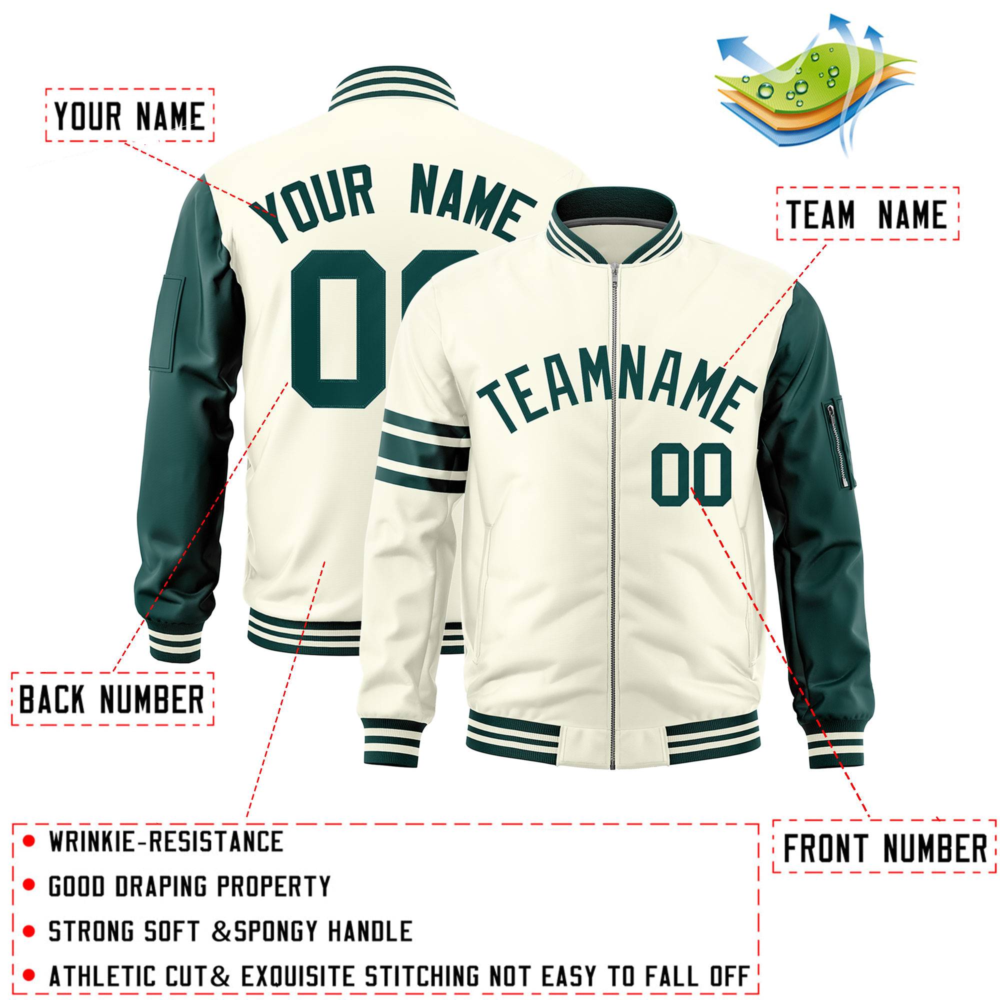 Custom Cream Midnight Green Varsity Full-Zip Raglan Sleeves Stripe Letterman Bomber Jacket