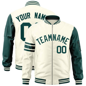 Custom Cream Midnight Green Varsity Full-Zip Raglan Sleeves Stripe Letterman Bomber Jacket