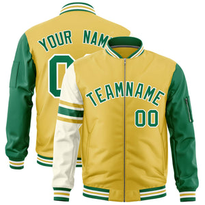 Custom Old Gold Kelly Green-White Varsity Full-Zip Raglan Sleeves Stripe Letterman Bomber Jacket