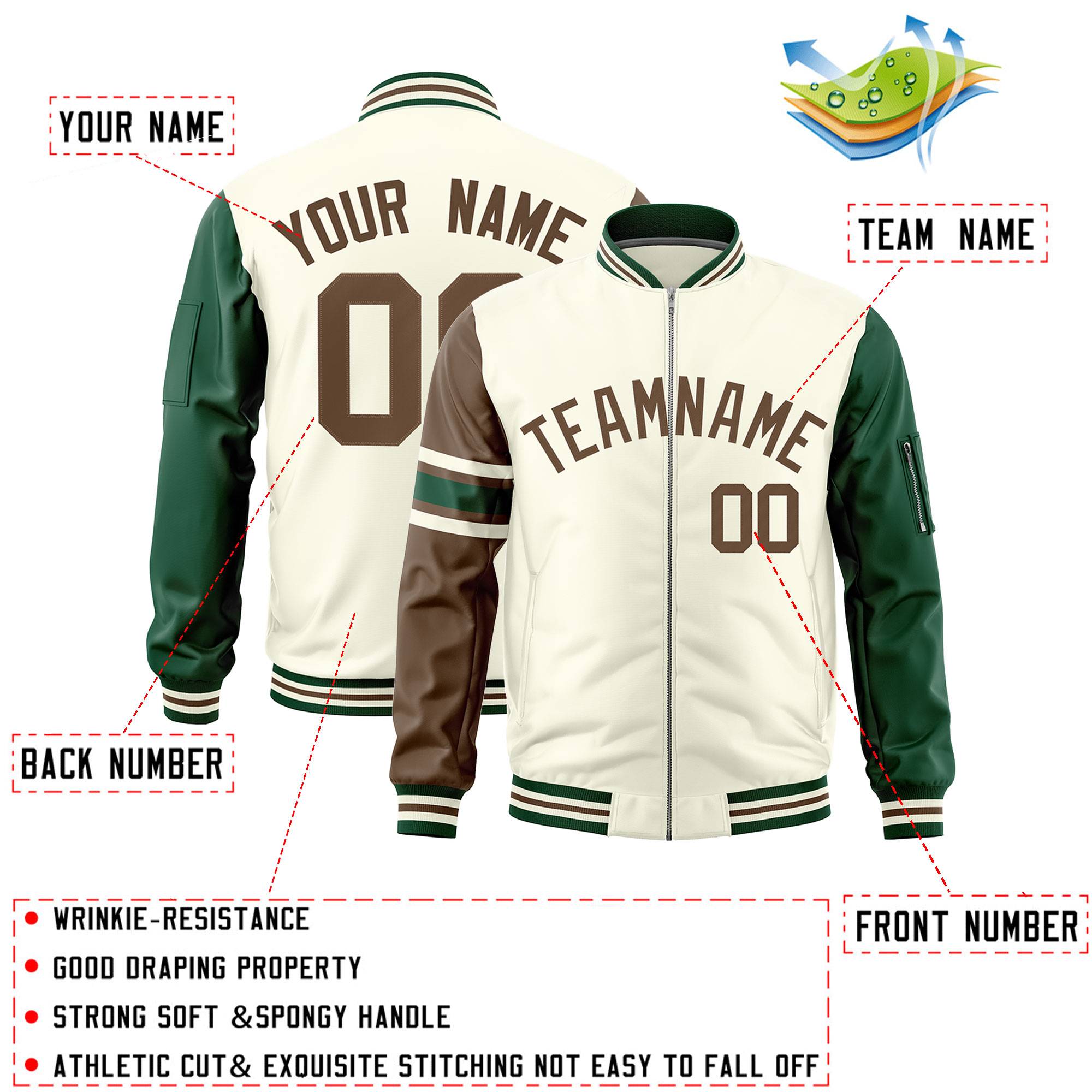 Custom Cream Light Brown-Green Varsity Full-Zip Raglan Sleeves Stripe Letterman Bomber Jacket