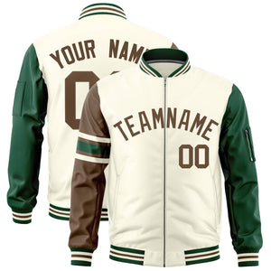 Custom Cream Light Brown-Green Varsity Full-Zip Raglan Sleeves Stripe Letterman Bomber Jacket