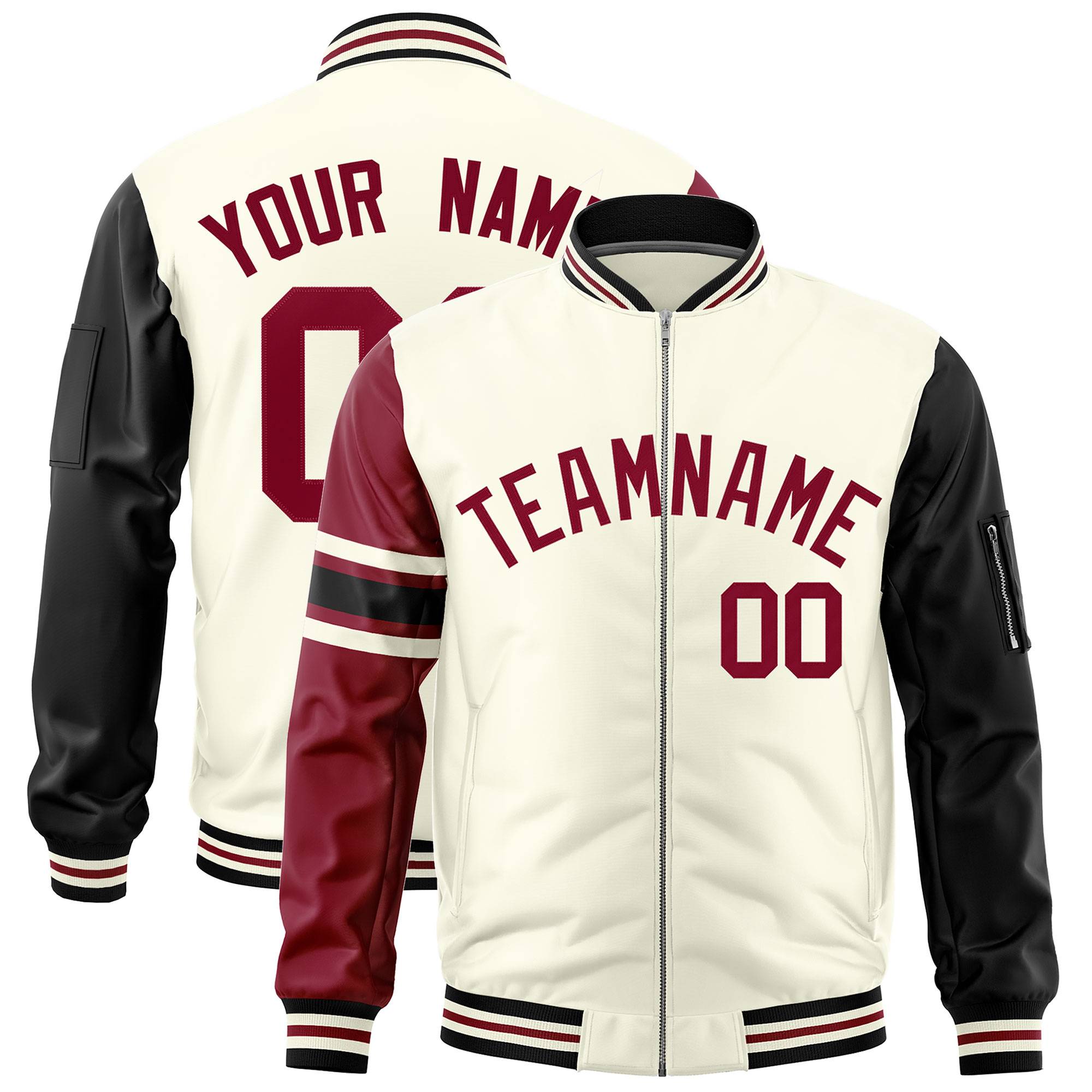 Custom Cream Crimson-Black Varsity Full-Zip Raglan Sleeves Stripe Letterman Bomber Jacket