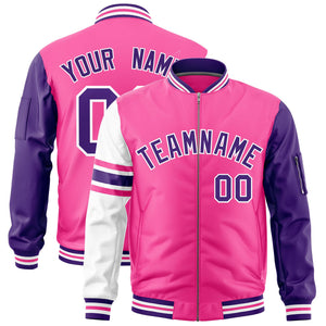 Custom Pink Purple-White Varsity Full-Zip Raglan Sleeves Stripe Letterman Bomber Jacket