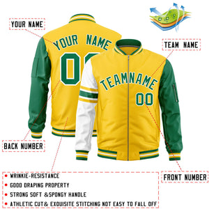 Custom Gold Kelly Green-White Varsity Full-Zip Raglan Sleeves Stripe Letterman Bomber Jacket