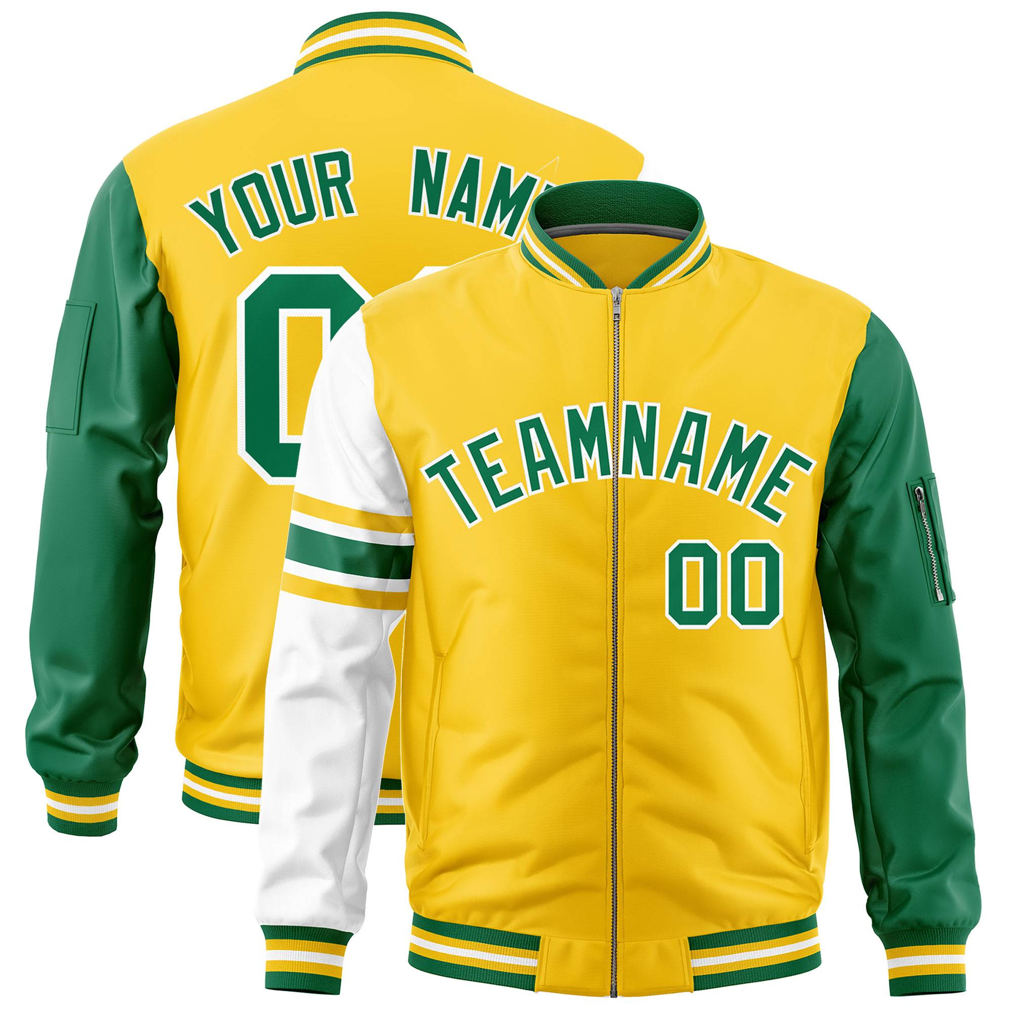 Custom Gold Kelly Green-White Varsity Full-Zip Raglan Sleeves Stripe Letterman Bomber Jacket