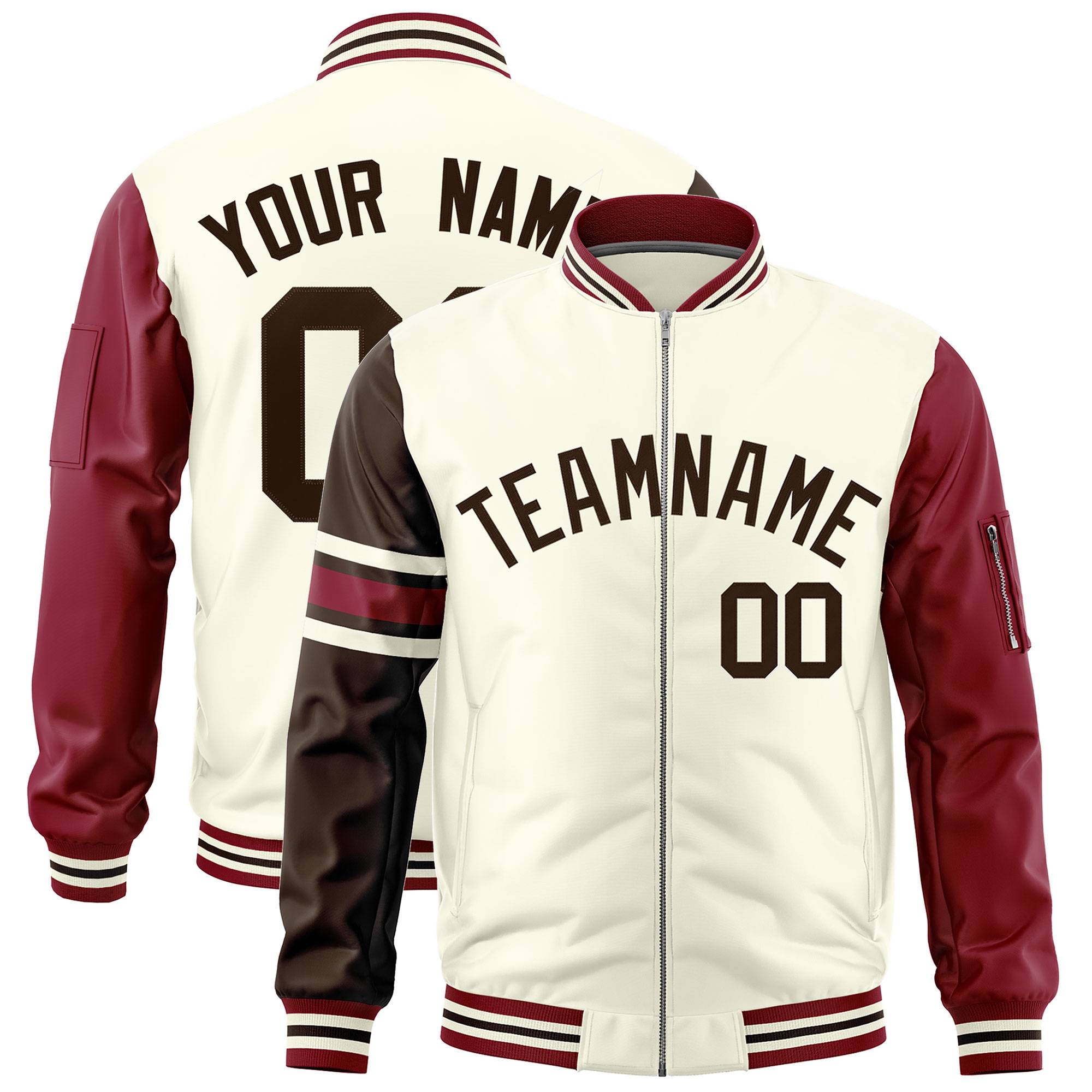 Custom Cream Brown-Crimson Varsity Full-Zip Raglan Sleeves Stripe Letterman Bomber Jacket