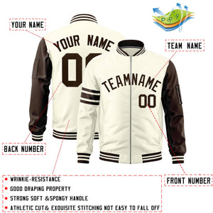 Custom Cream Brown Varsity Full-Zip Raglan Sleeves Stripe Letterman Bomber Jacket