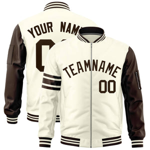 Custom Cream Brown Varsity Full-Zip Raglan Sleeves Stripe Letterman Bomber Jacket