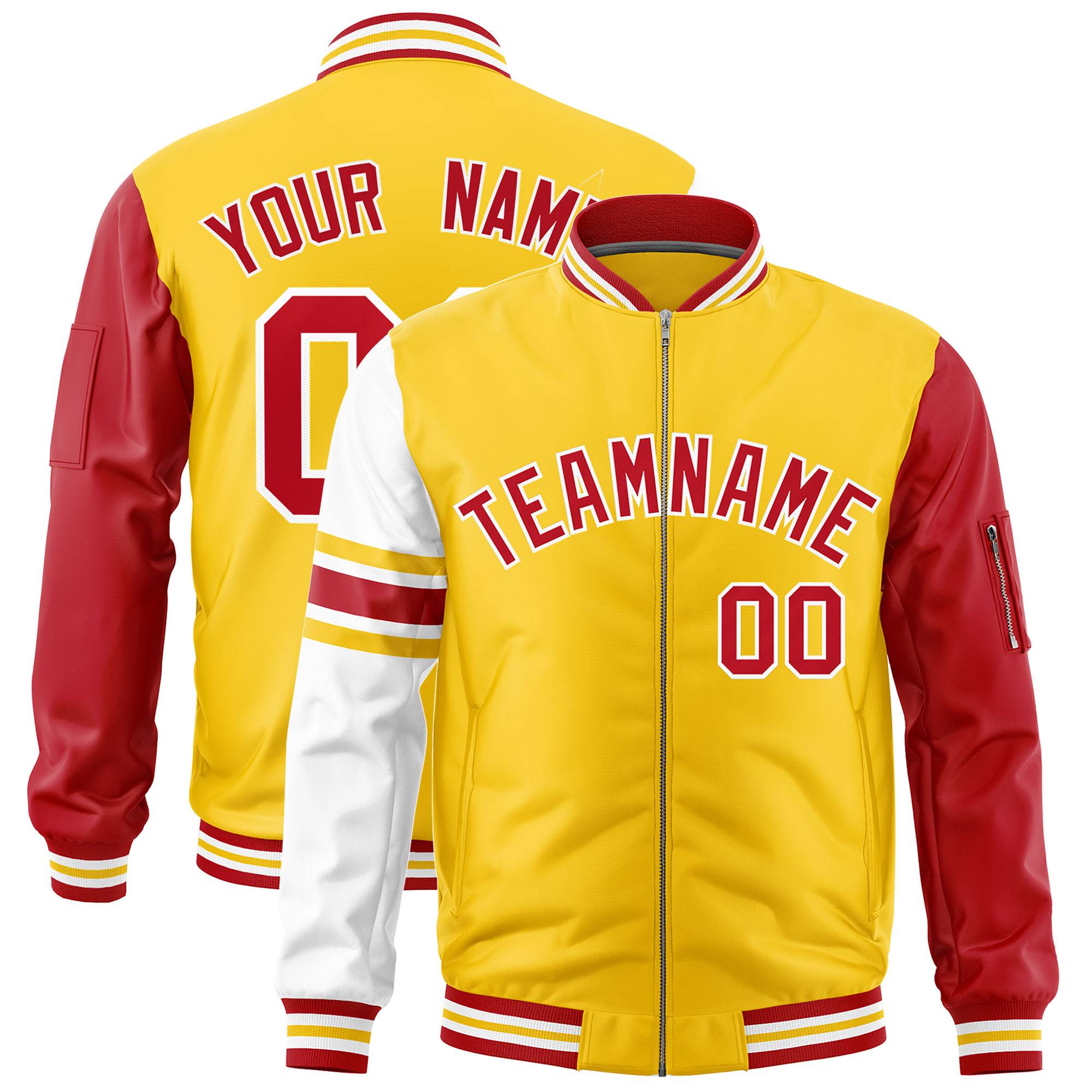 Custom Gold Red-White Varsity Full-Zip Raglan Sleeves Stripe Letterman Bomber Jacket