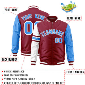 Custom Crimson Powder Blue-White Varsity Full-Zip Raglan Sleeves Stripe Letterman Bomber Jacket