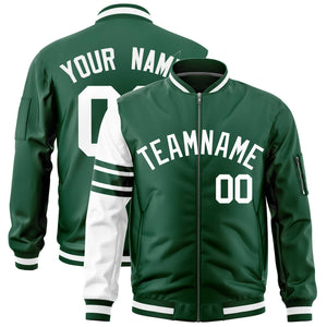 Custom Green White Varsity Full-Zip Raglan Sleeves Stripe Letterman Bomber Jacket