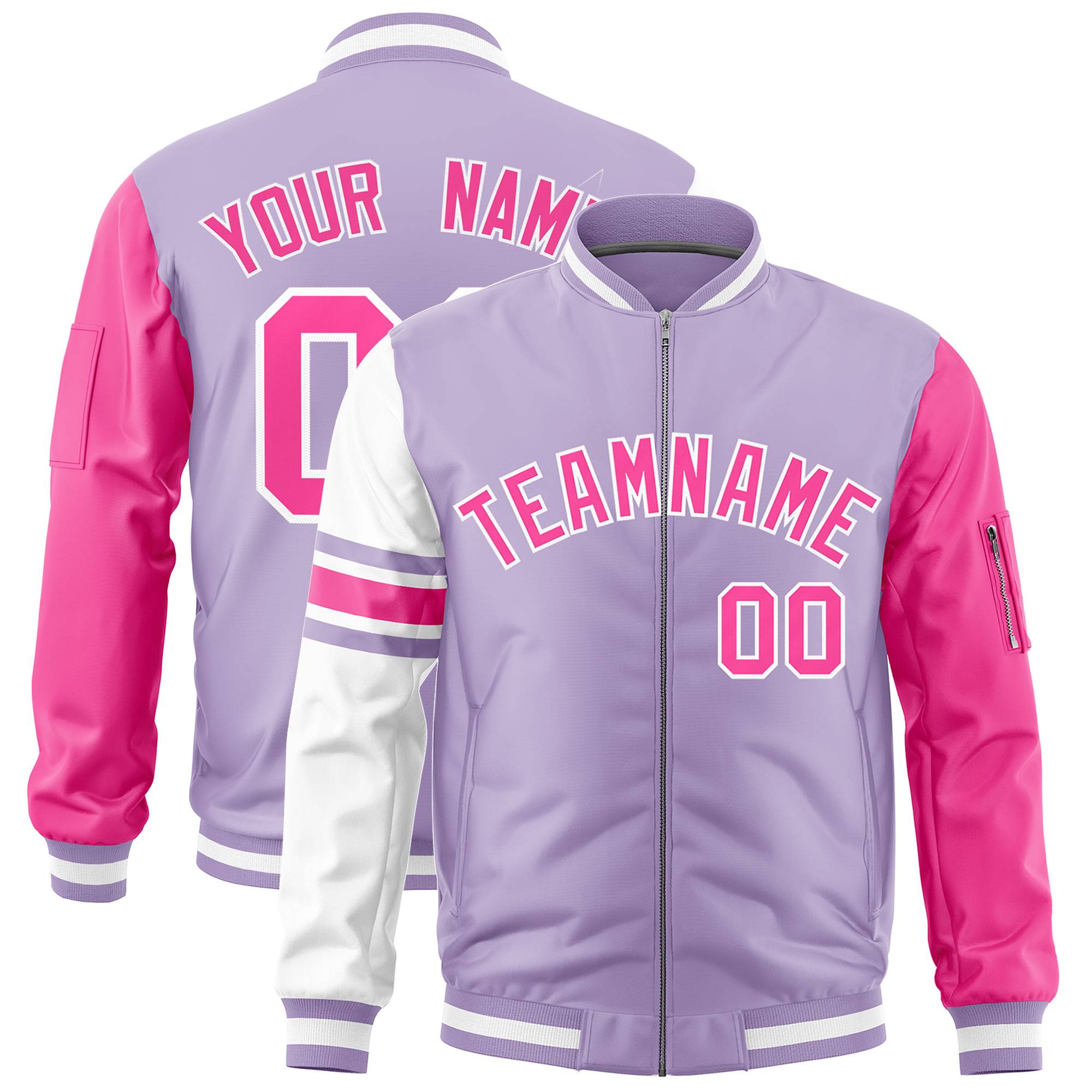 Custom Light Purple Pink-White Varsity Full-Zip Raglan Sleeves Stripe Letterman Bomber Jacket