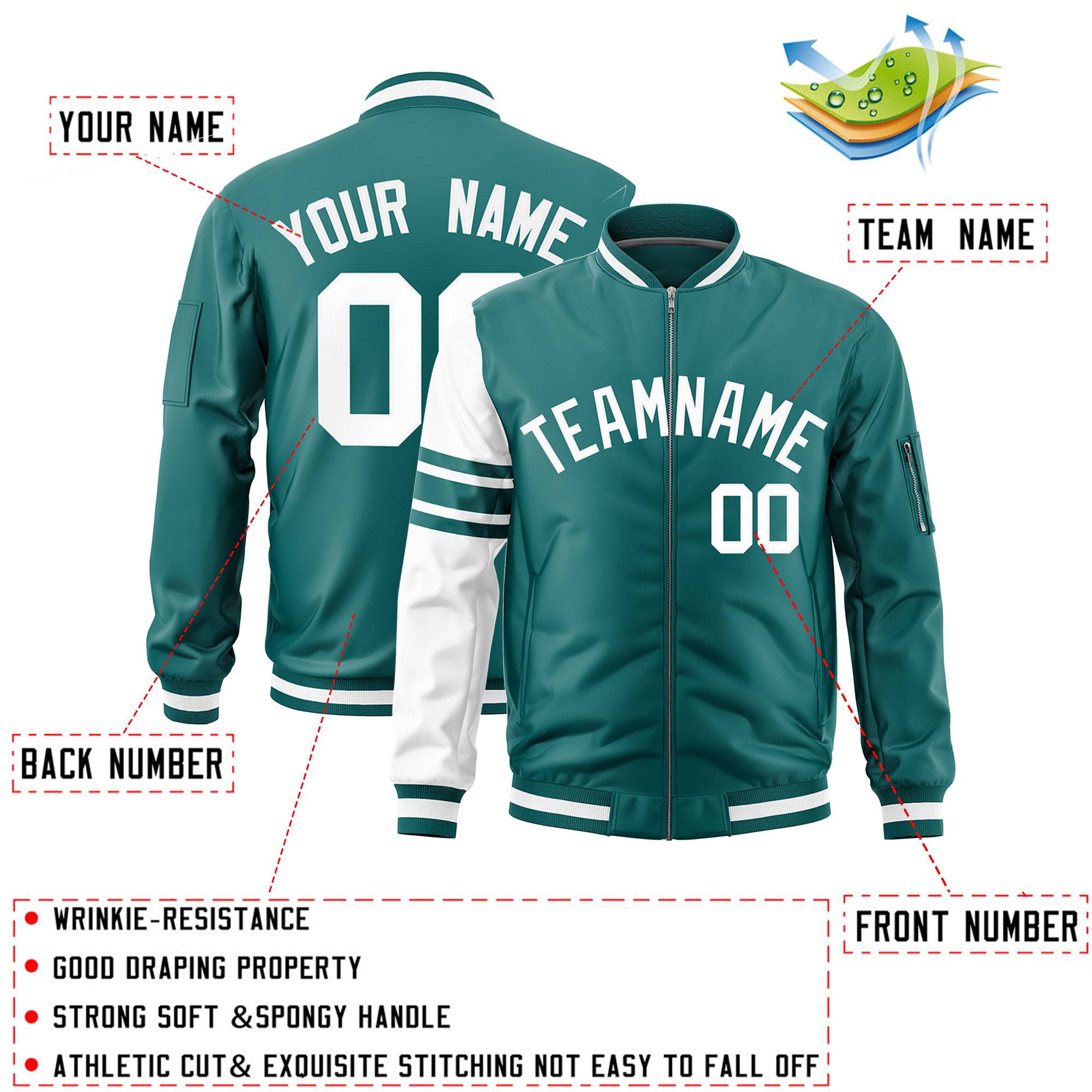 Custom Aqua White Varsity Full-Zip Raglan Sleeves Stripe Letterman Bomber Jacket