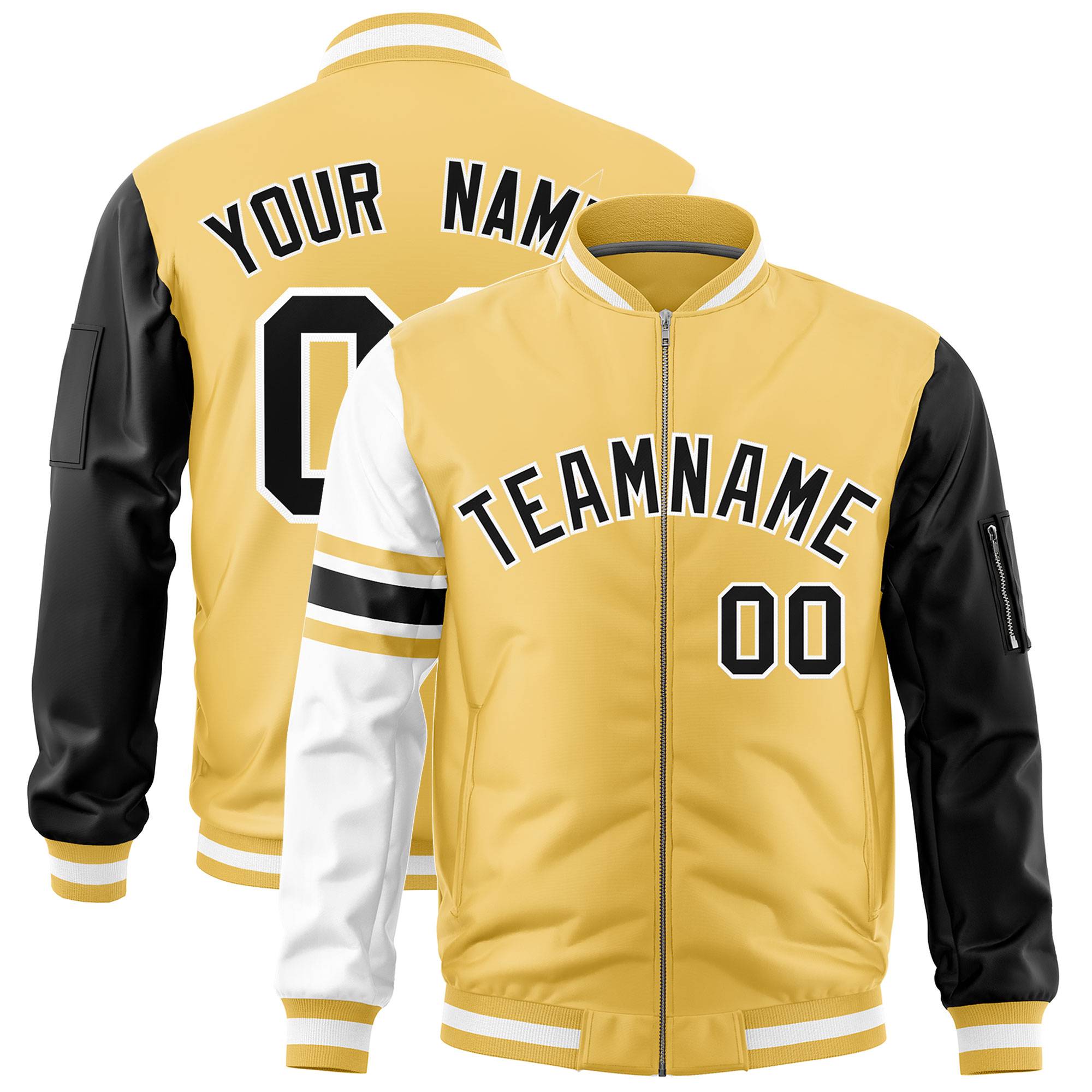 Custom Khaki Black-White Varsity Full-Zip Raglan Sleeves Stripe Letterman Bomber Jacket