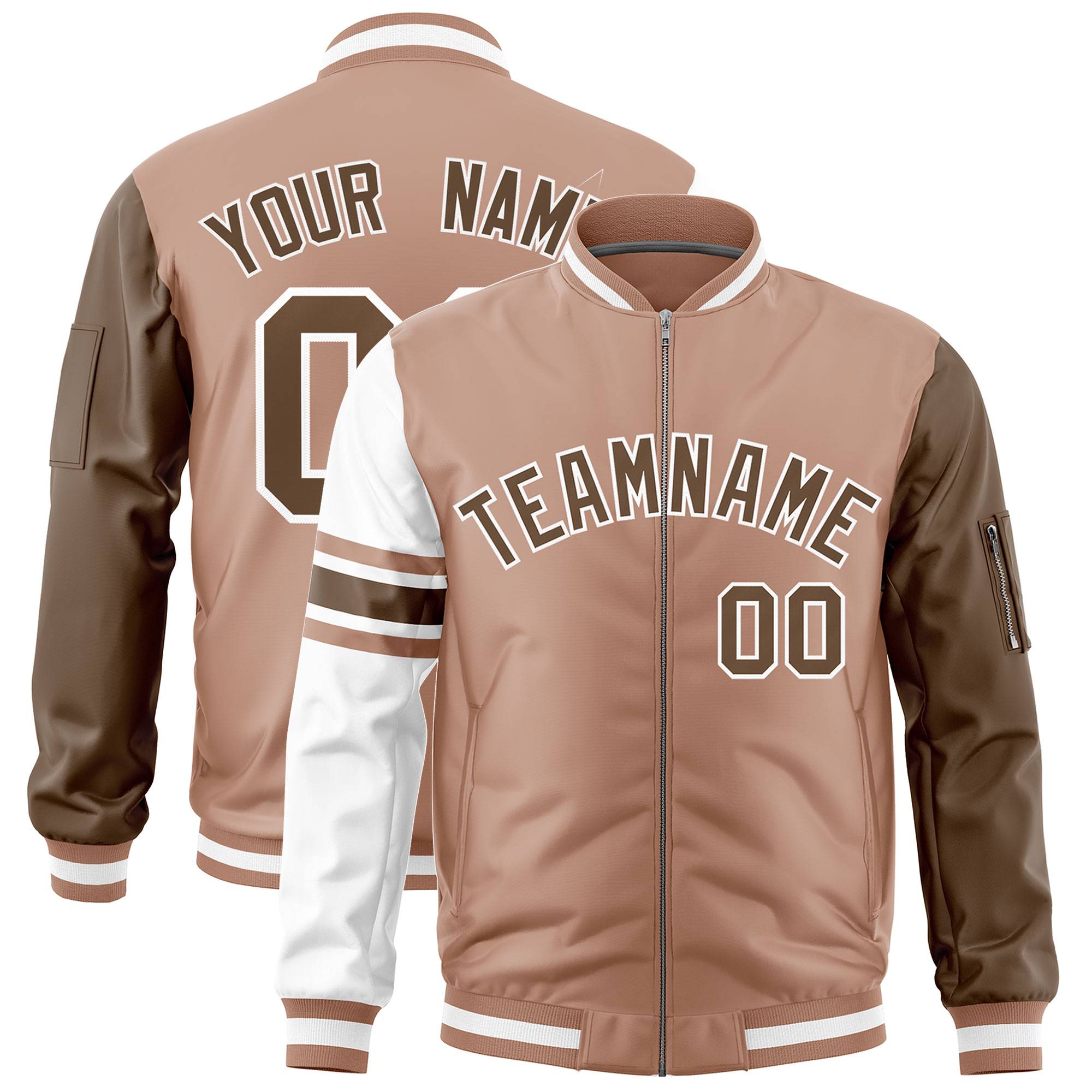 Custom Coffee Brown Light Brown-White Varsity Full-Zip Raglan Sleeves Stripe Letterman Bomber Jacket