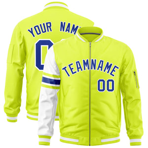 Custom Fluorescent Green White Varsity Full-Zip Raglan Sleeves Stripe Letterman Bomber Jacket