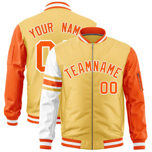 Custom Khaki Orange-White Varsity Full-Zip Raglan Sleeves Stripe Letterman Bomber Jacket