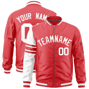 Custom Light Red White Varsity Full-Zip Raglan Sleeves Stripe Letterman Bomber Jacket