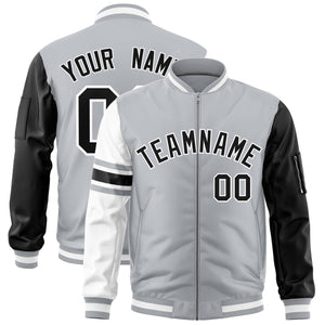 Custom Silver Black-White Varsity Full-Zip Raglan Sleeves Stripe Letterman Bomber Jacket