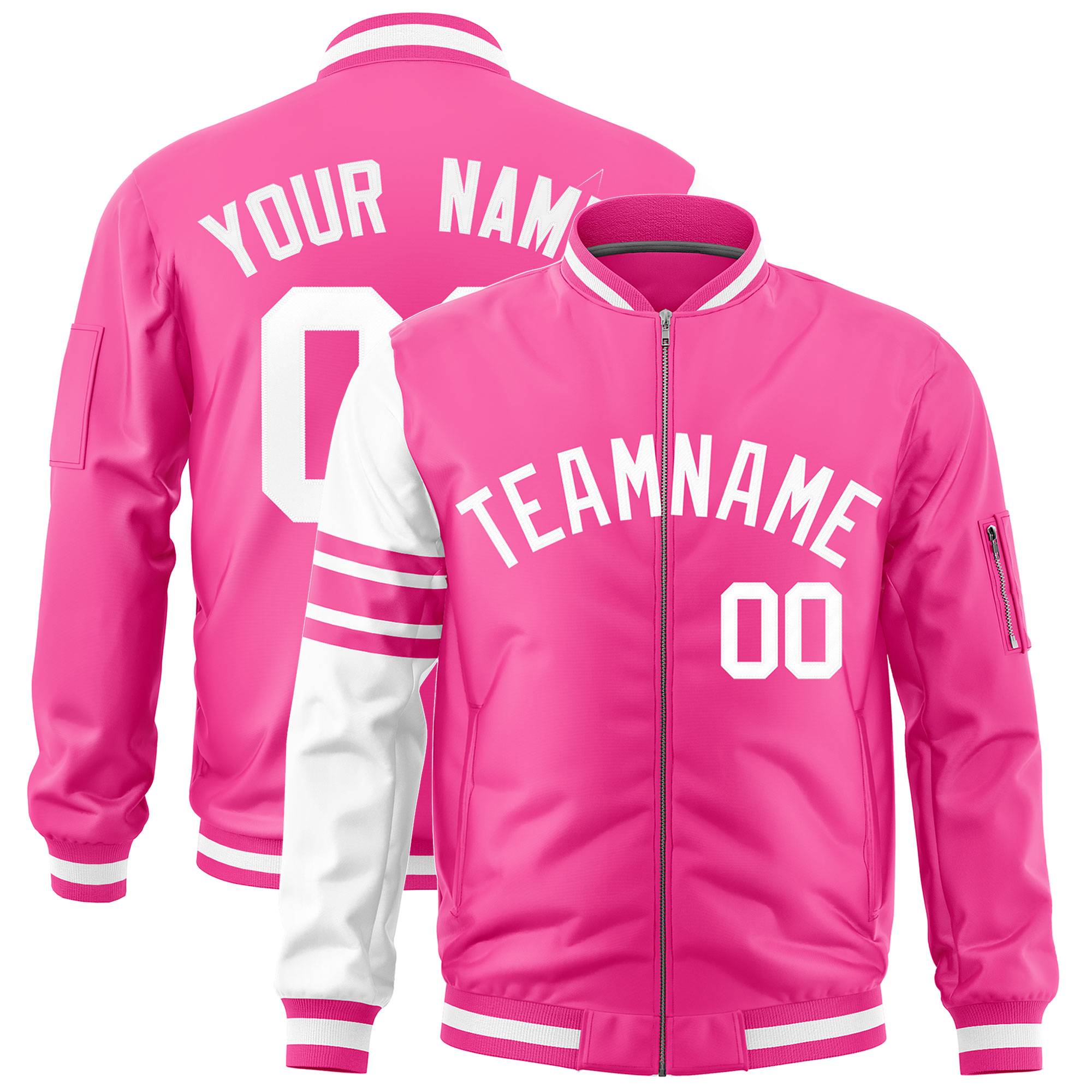 Custom Pink White Varsity Full-Zip Raglan Sleeves Stripe Letterman Bomber Jacket