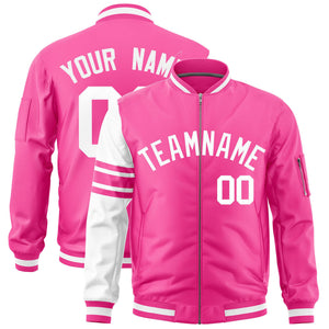 Custom Pink White Varsity Full-Zip Raglan Sleeves Stripe Letterman Bomber Jacket