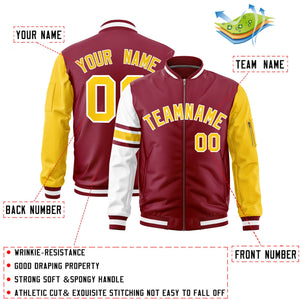 Custom Crimson Gold-White Varsity Full-Zip Raglan Sleeves Stripe Letterman Bomber Jacket