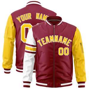 Custom Crimson Gold-White Varsity Full-Zip Raglan Sleeves Stripe Letterman Bomber Jacket