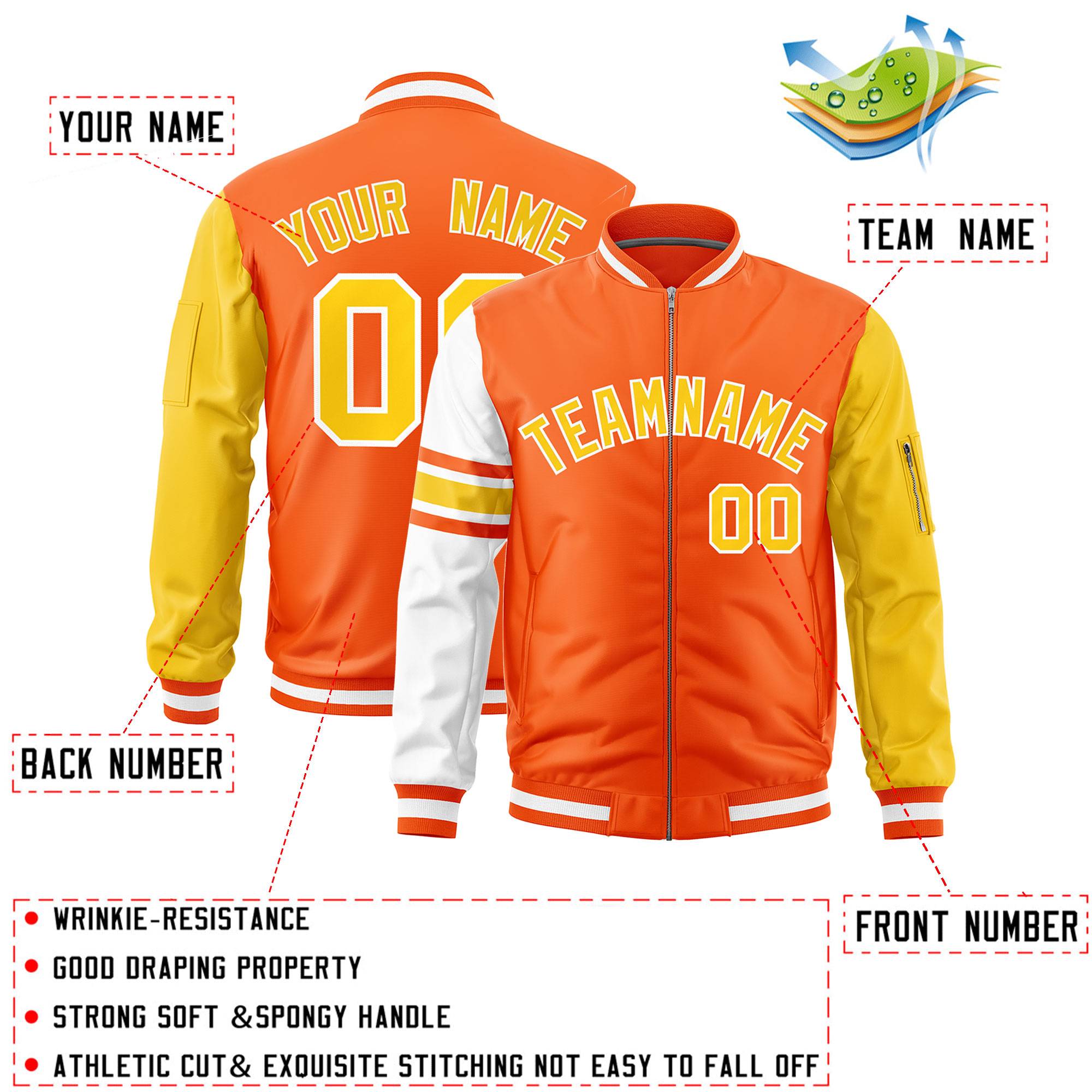 Custom Orange Gold-White Varsity Full-Zip Raglan Sleeves Stripe Letterman Bomber Jacket