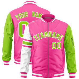 Custom Pink Neon Green-White Varsity Full-Zip Raglan Sleeves Stripe Letterman Bomber Jacket