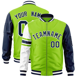 Custom Neon Green Navy-White Varsity Full-Zip Raglan Sleeves Stripe Letterman Bomber Jacket