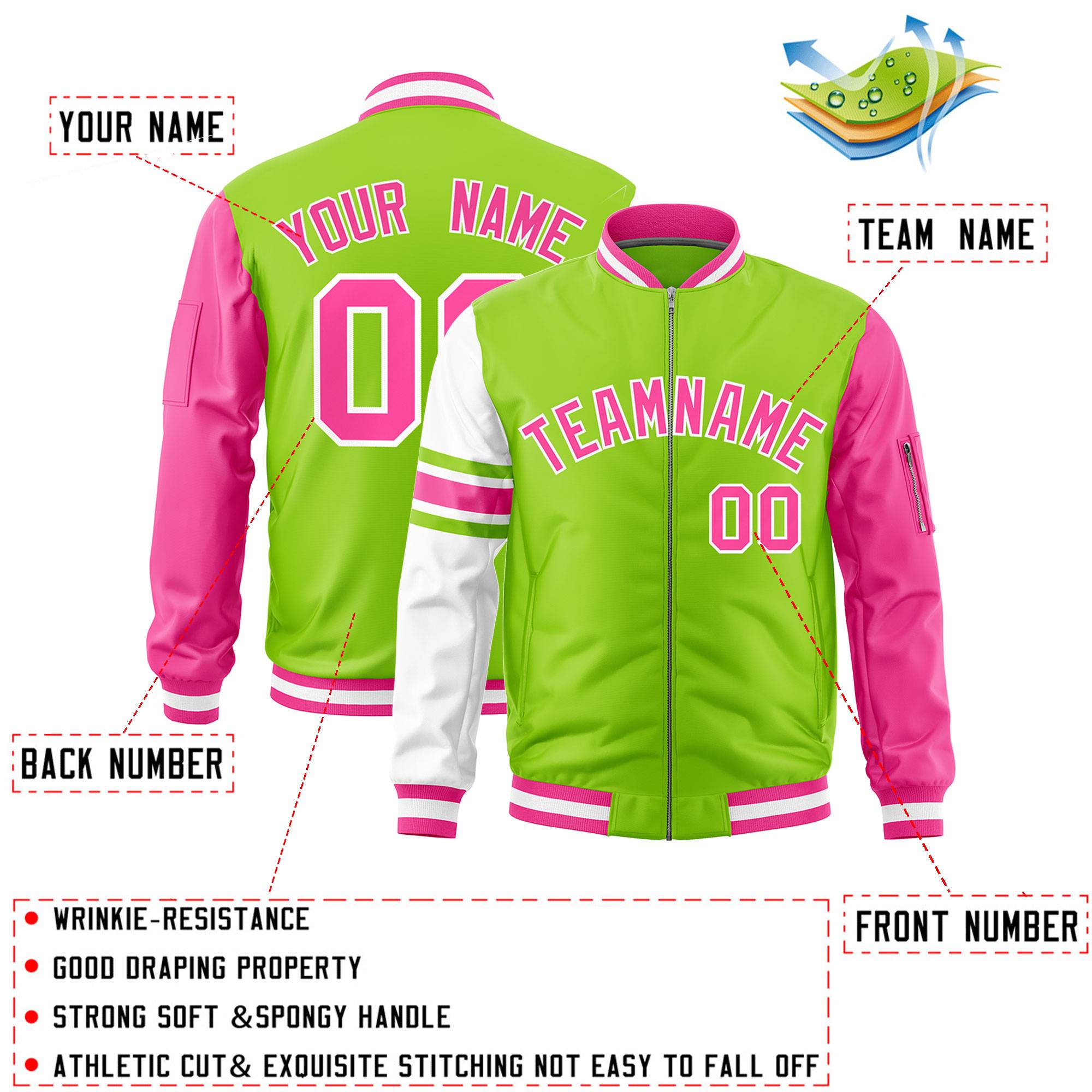 Custom Neon Green Pink-White Varsity Full-Zip Raglan Sleeves Stripe Letterman Bomber Jacket