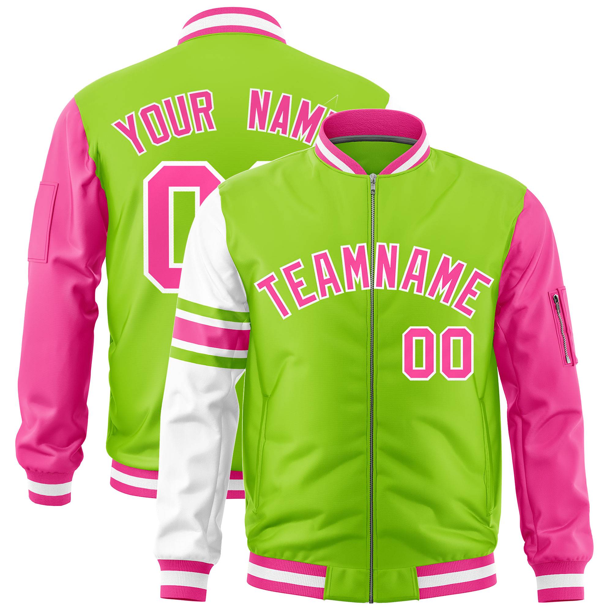 Custom Neon Green Pink-White Varsity Full-Zip Raglan Sleeves Stripe Letterman Bomber Jacket