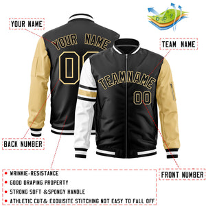 Custom Black Khaki-White Varsity Full-Zip Raglan Sleeves Stripe Letterman Bomber Jacket