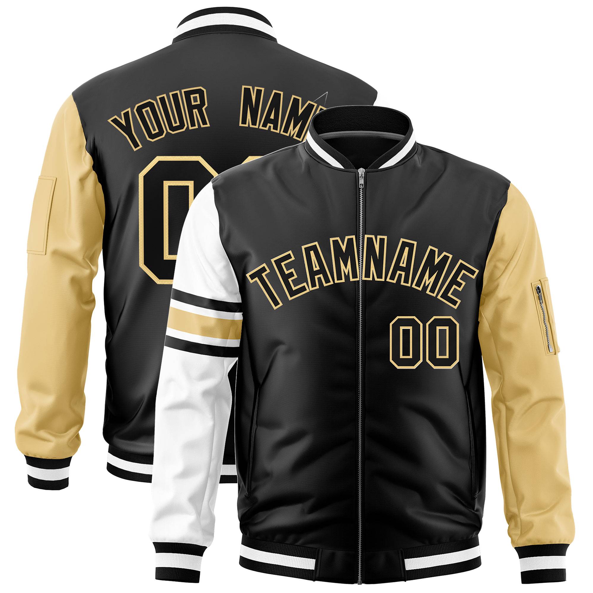 Custom Black Khaki-White Varsity Full-Zip Raglan Sleeves Stripe Letterman Bomber Jacket