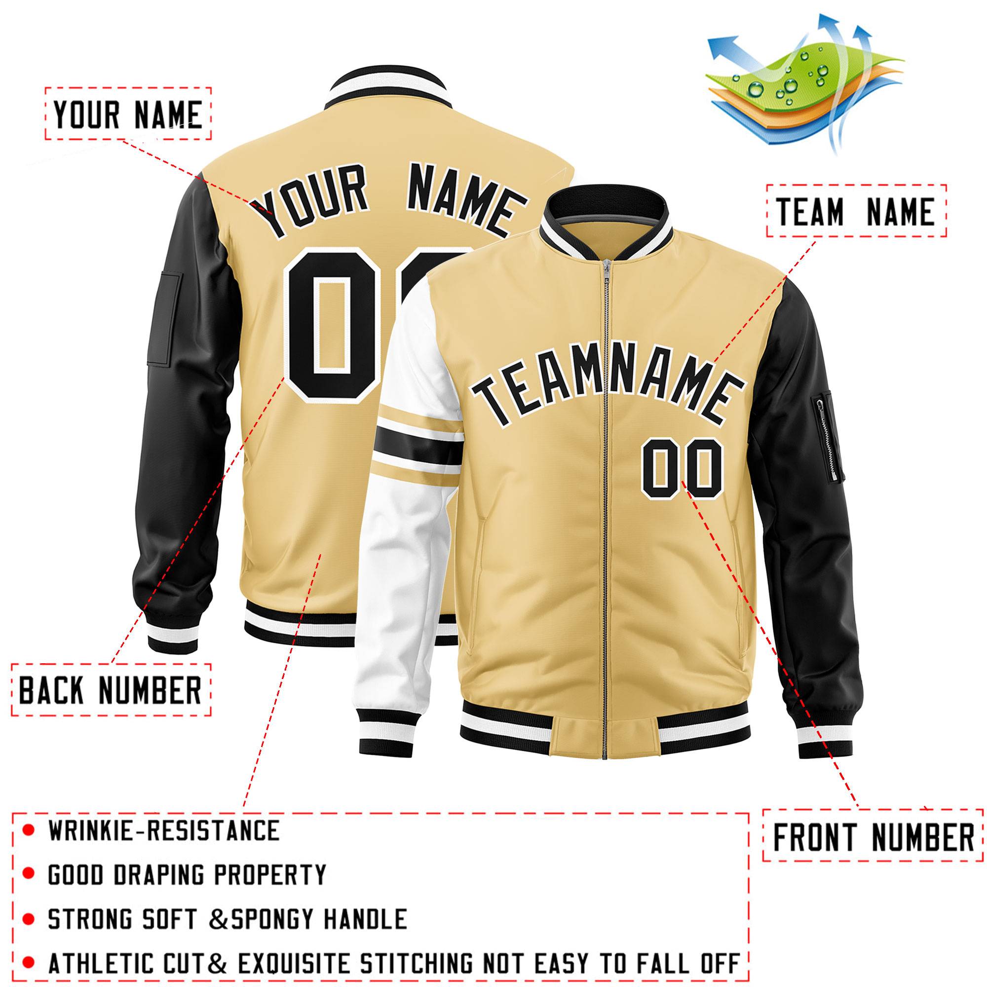 Custom Khaki Black-White Varsity Full-Zip Raglan Sleeves Stripe Letterman Bomber Jacket