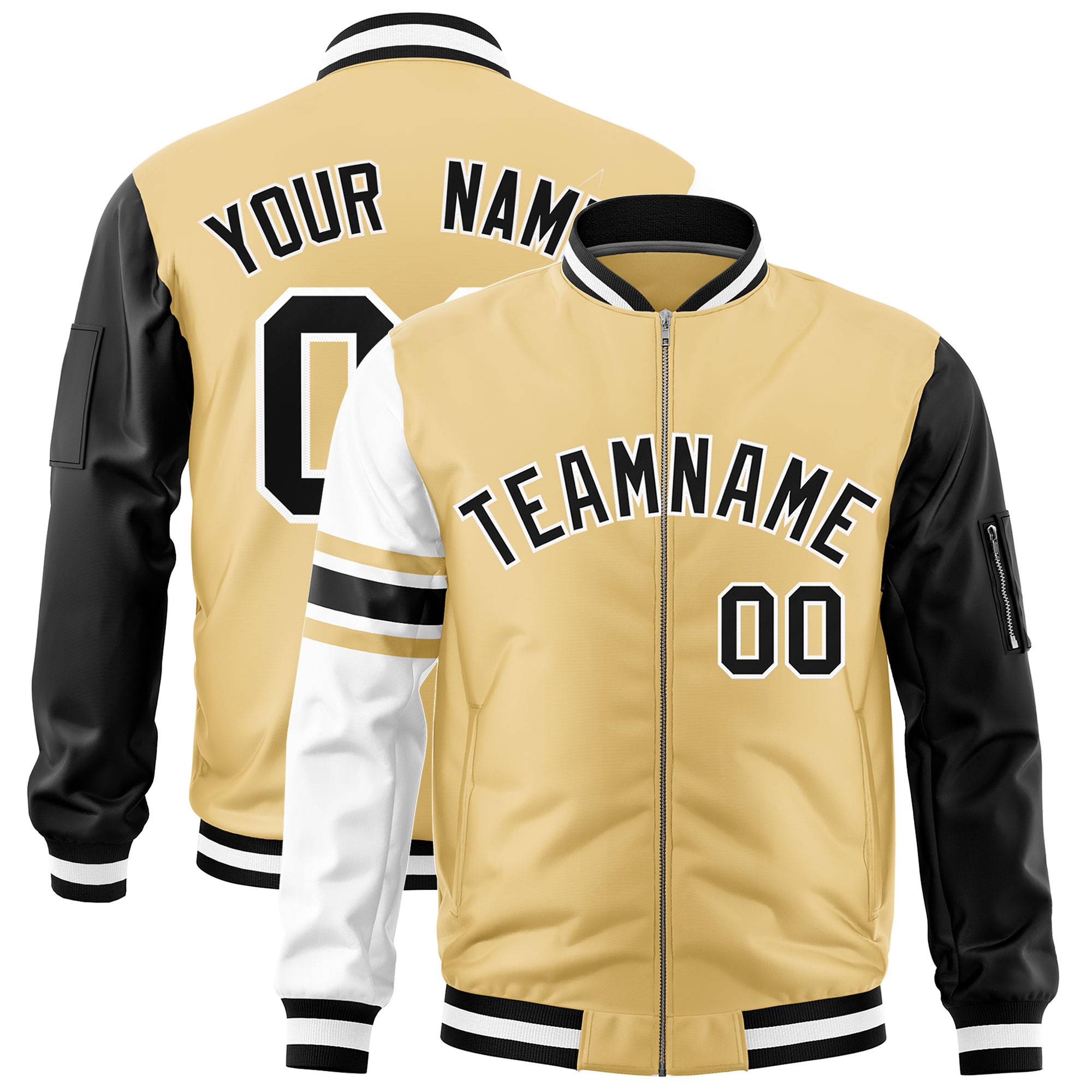 Custom Khaki Black-White Varsity Full-Zip Raglan Sleeves Stripe Letterman Bomber Jacket