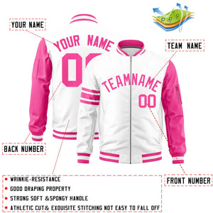 Custom White Pink Varsity Full-Zip Raglan Sleeves Stripe Letterman Bomber Jacket