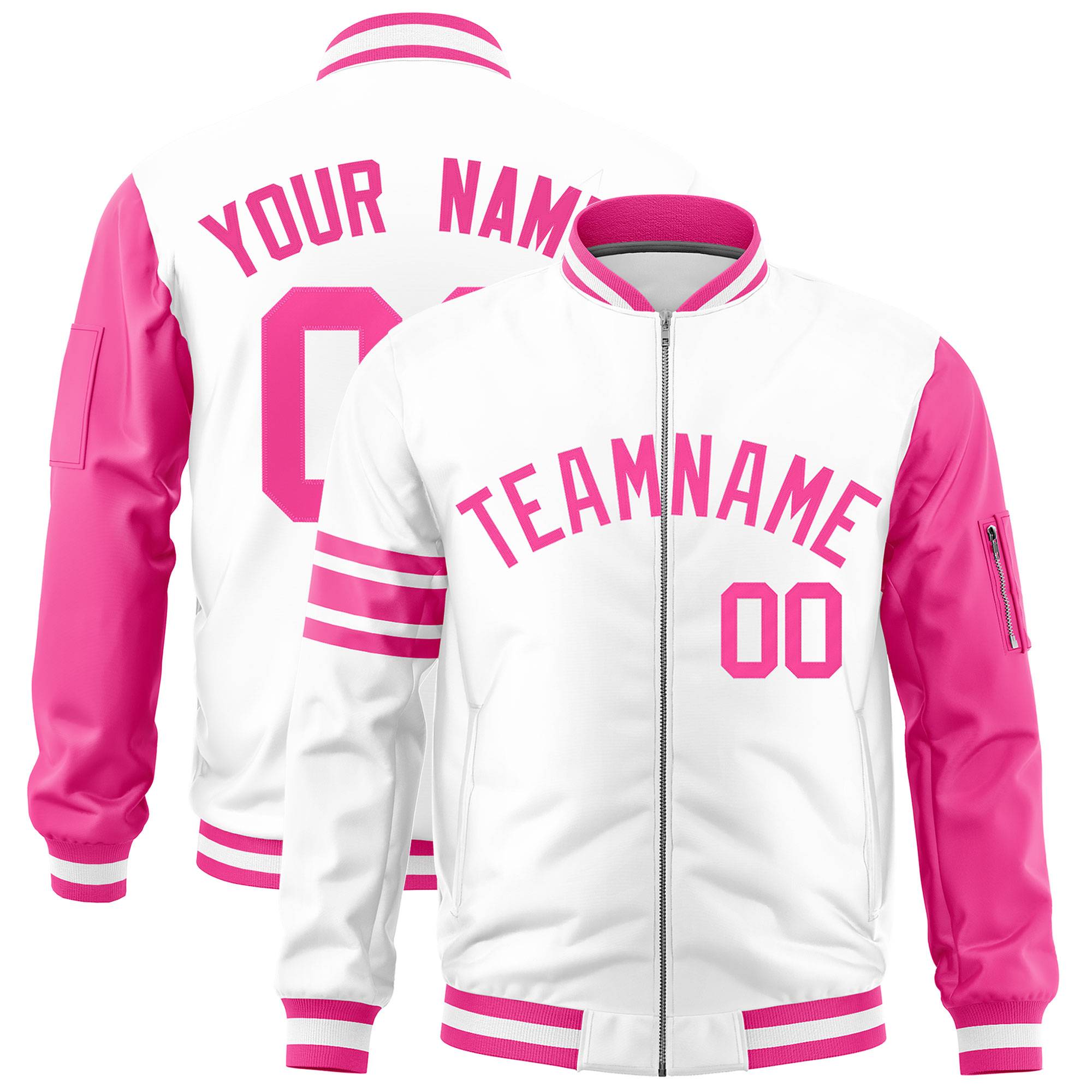 Custom White Pink Varsity Full-Zip Raglan Sleeves Stripe Letterman Bomber Jacket