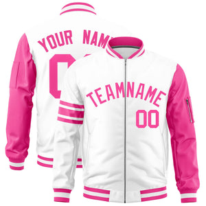 Custom White Pink Varsity Full-Zip Raglan Sleeves Stripe Letterman Bomber Jacket