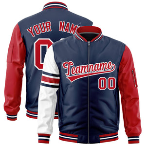 Custom Navy Red-White Varsity Full-Zip Raglan Sleeves Stripe Letterman Bomber Jacket