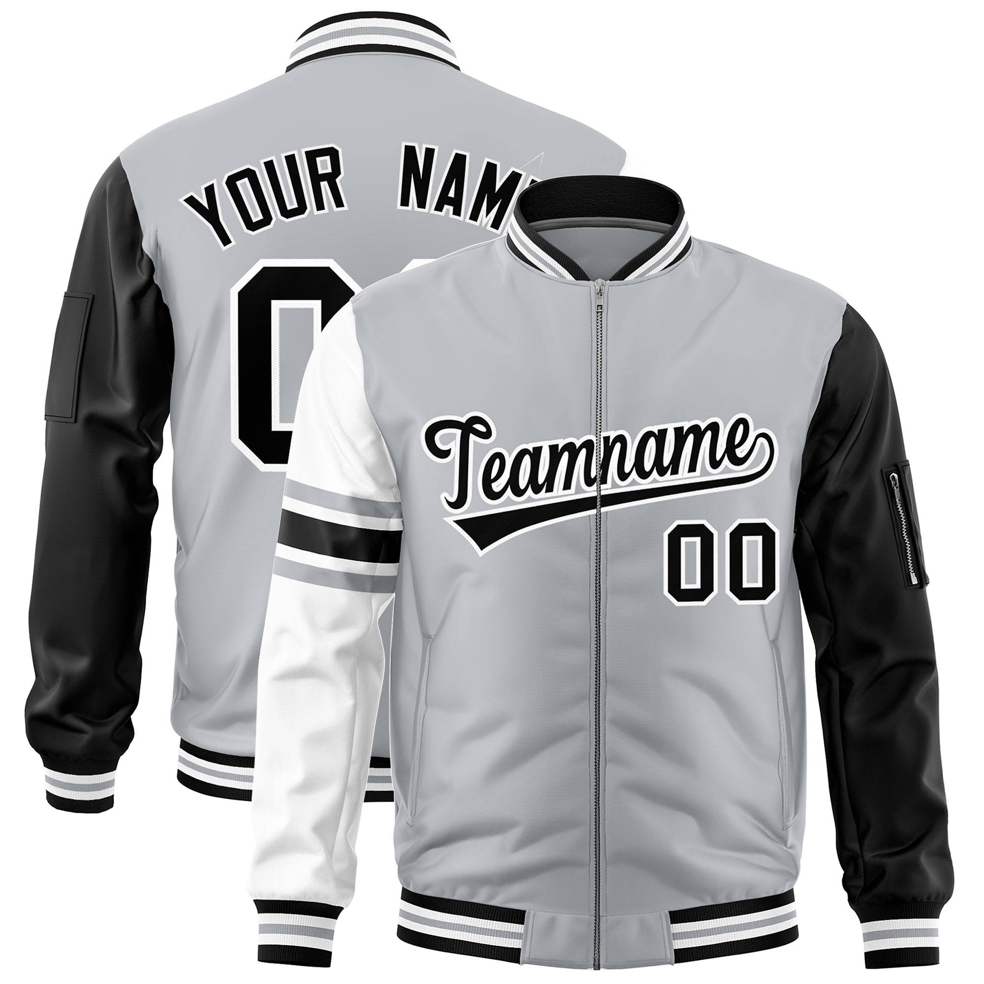 Custom Silver Black-White Varsity Full-Zip Raglan Sleeves Stripe Letterman Bomber Jacket