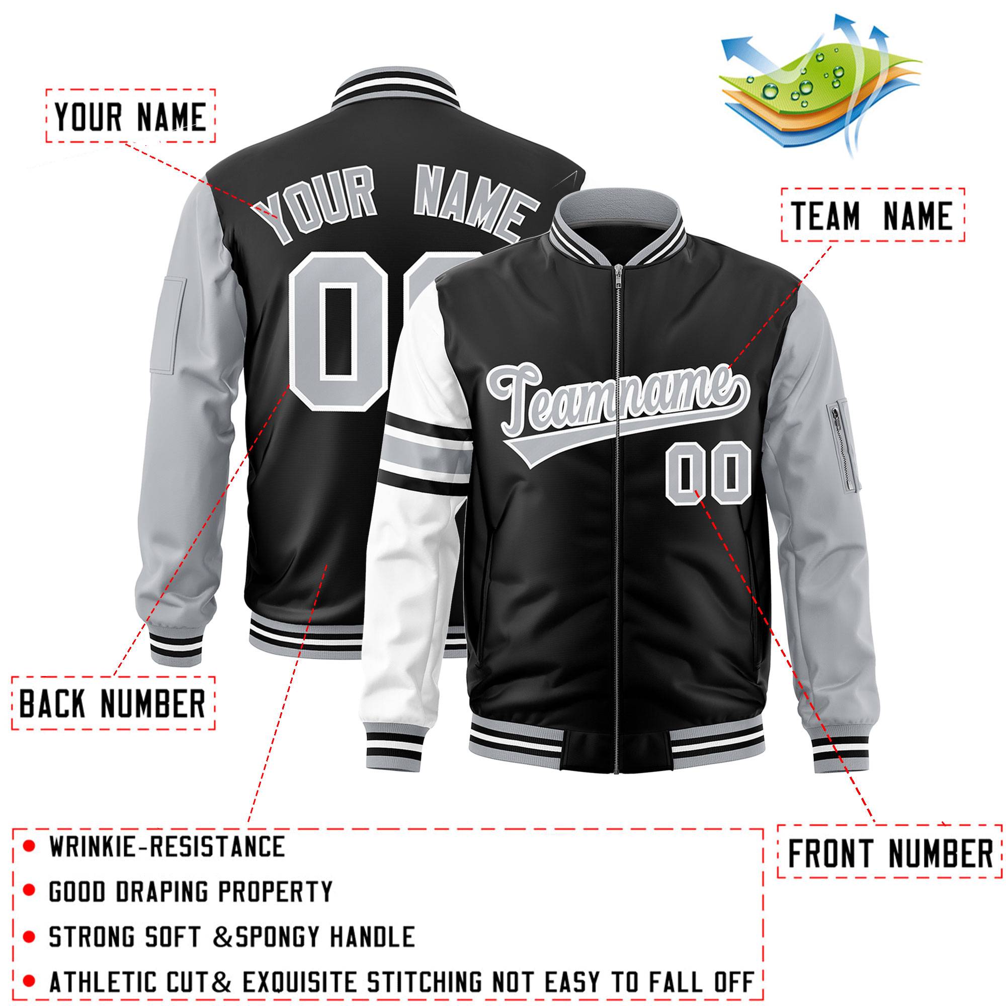 Custom Black Silver-White Varsity Full-Zip Raglan Sleeves Stripe Letterman Bomber Jacket