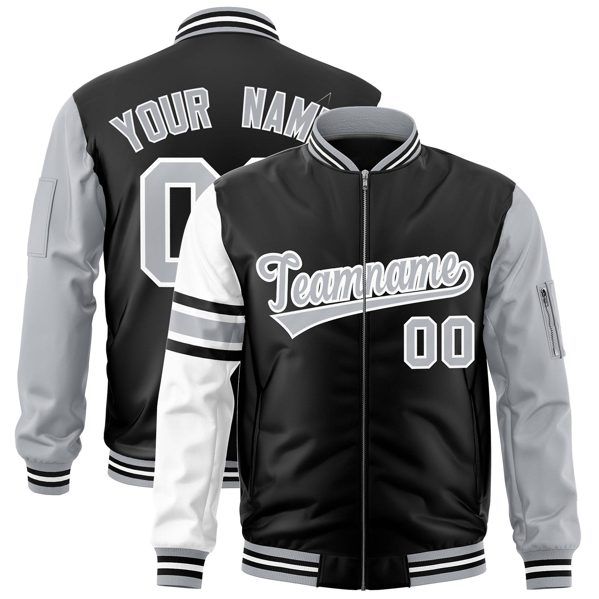 Custom Black Silver-White Varsity Full-Zip Raglan Sleeves Stripe Letterman Bomber Jacket