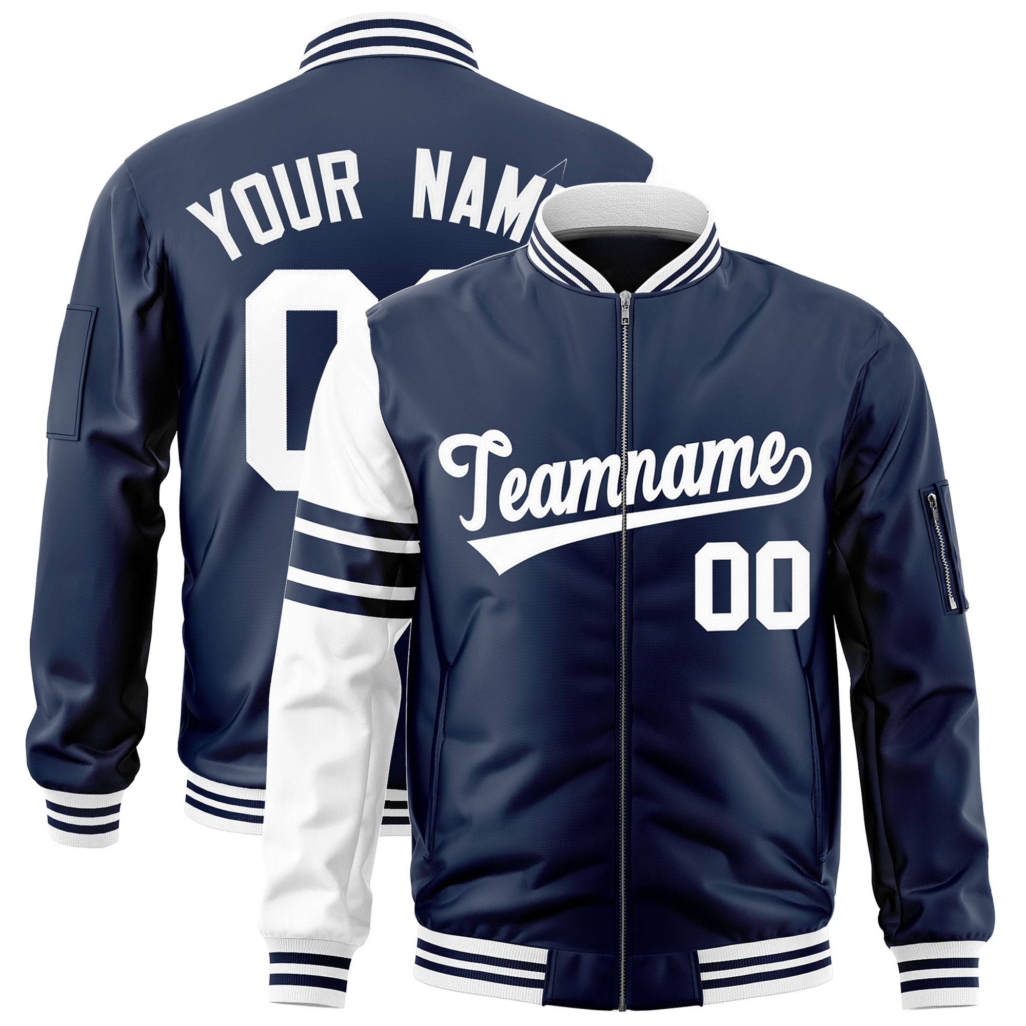 Custom Navy White Varsity Full-Zip Raglan Sleeves Stripe Letterman Bomber Jacket