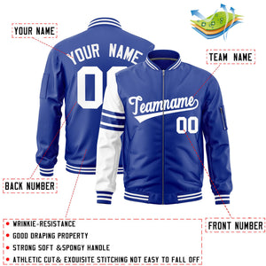 Custom Royal White Varsity Full-Zip Raglan Sleeves Stripe Letterman Bomber Jacket