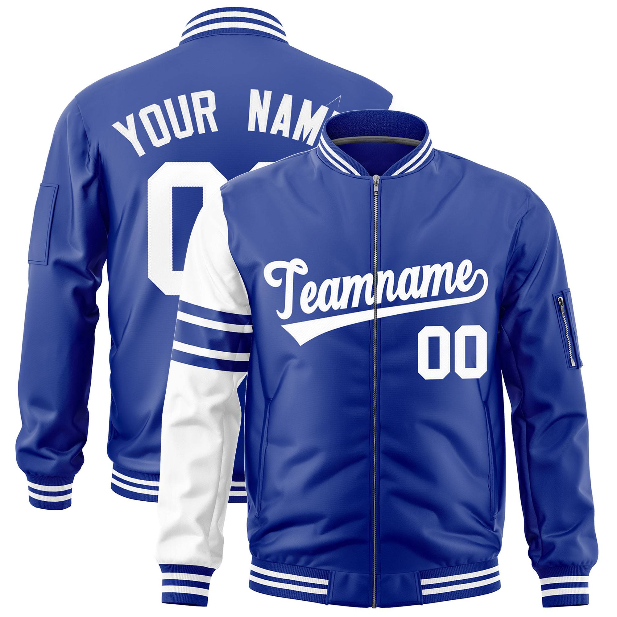 Custom Royal White Varsity Full-Zip Raglan Sleeves Stripe Letterman Bomber Jacket