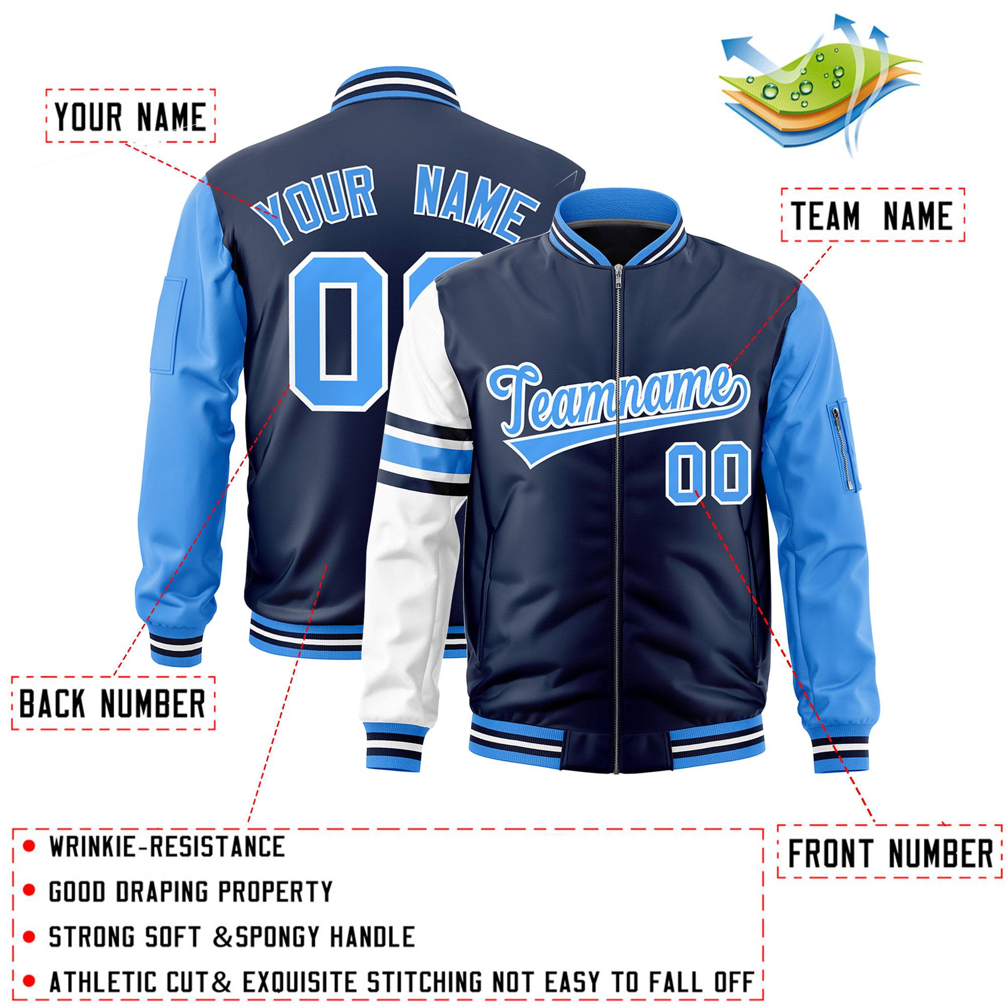 Custom Navy Powder Blue-White Varsity Full-Zip Raglan Sleeves Stripe Letterman Bomber Jacket