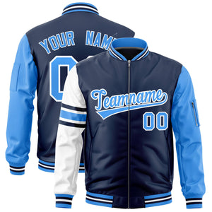 Custom Navy Powder Blue-White Varsity Full-Zip Raglan Sleeves Stripe Letterman Bomber Jacket