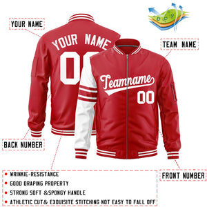 Custom Red White Varsity Full-Zip Raglan Sleeves Stripe Letterman Bomber Jacket